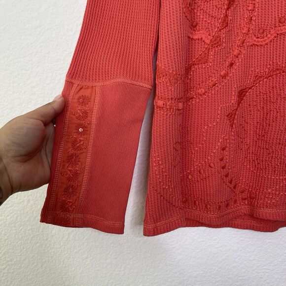 Soft Surroundings Waffle Thermal Top Small Orange Embroidered Long Sleeve Artsy - Picture 4 of 8